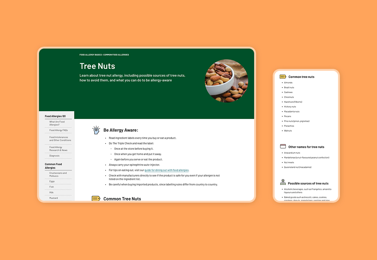 Tree nut page on tablet and mobile